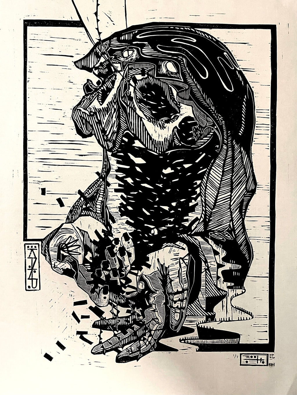 “no name” woodcut print